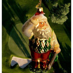 Old World Blown Glass Christmas Golfing Santa & Club & Watching Ball Vintage?